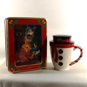 Hallmark Snowman Coffee or Tea Mug with Lid and Vintage 1992 Oreo Cookie Tin